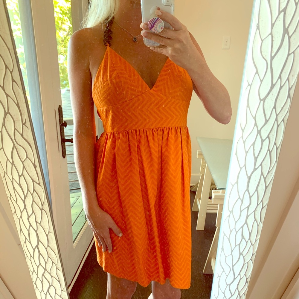 Orange Dress with Tortoiseshell Neck Strap